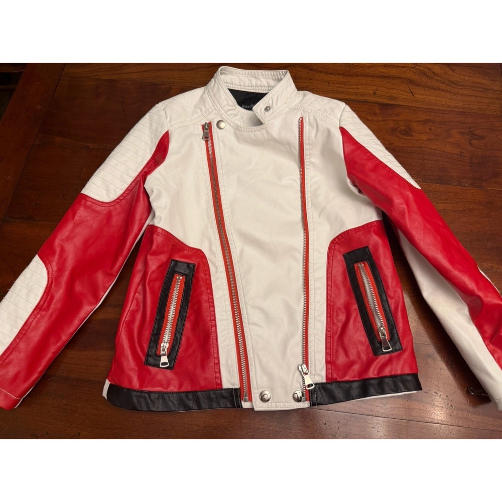 Botaobebe Kids Faux Leather Moto Jacket White Red Black Size 140 (9-10yr) Biker
